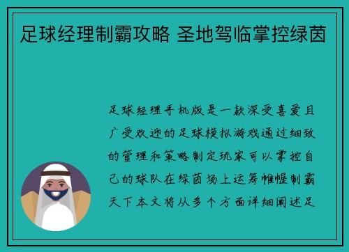 足球经理制霸攻略 圣地驾临掌控绿茵